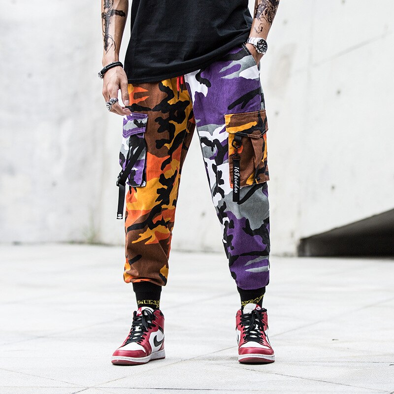 sanyamk Multiple Pockets Camouflage Patch Cotton Men Hip Hop Cargo Pants Joggers Casual Drawstring Pencil Trousers Spodnie Dresowe