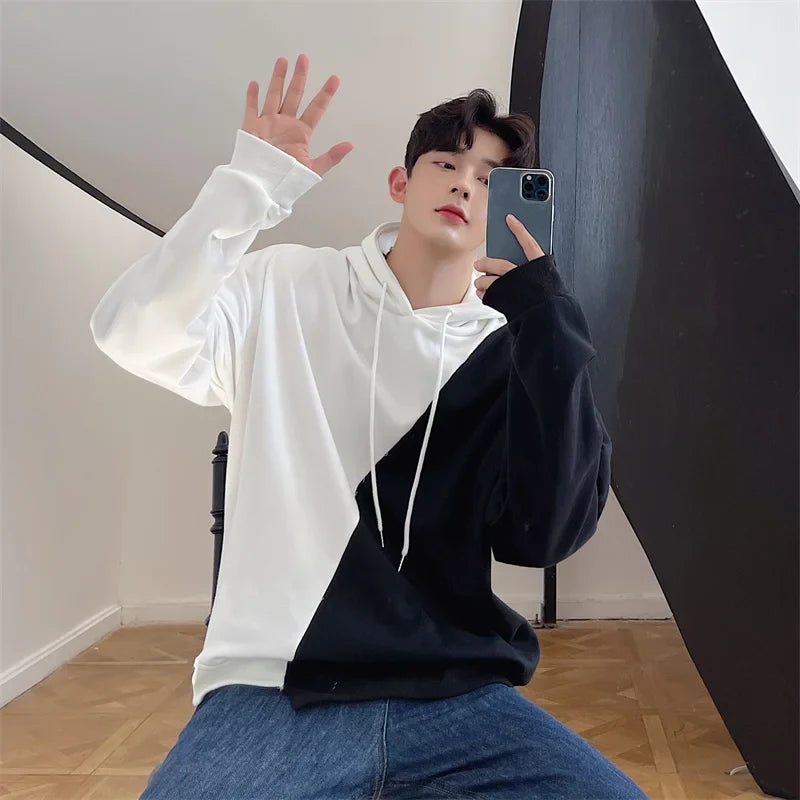 sanyamk Autumn men's black and white contrast color Pullover Hooded Sweater Korean youth high street hip hop loose casual coat trend