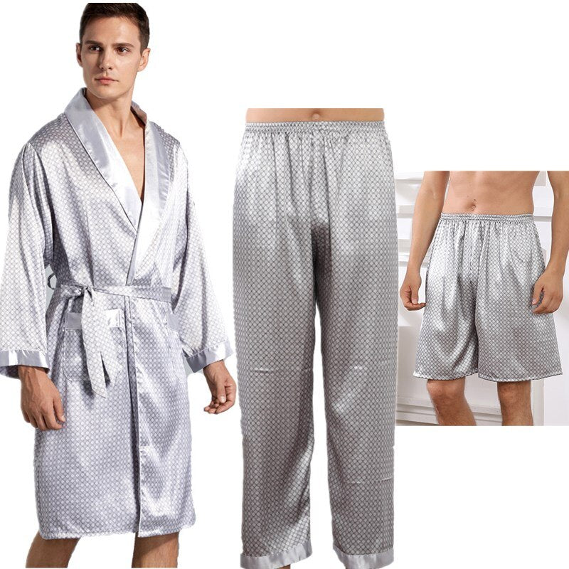 sanyamk 3 PCS Robe Pants Pajama Set 4XL 3XL Men Bathrobe Shorts Suit Silk Sleepwear for Men Kimono Home Soft Cozy Long-sleeved Bath Gown