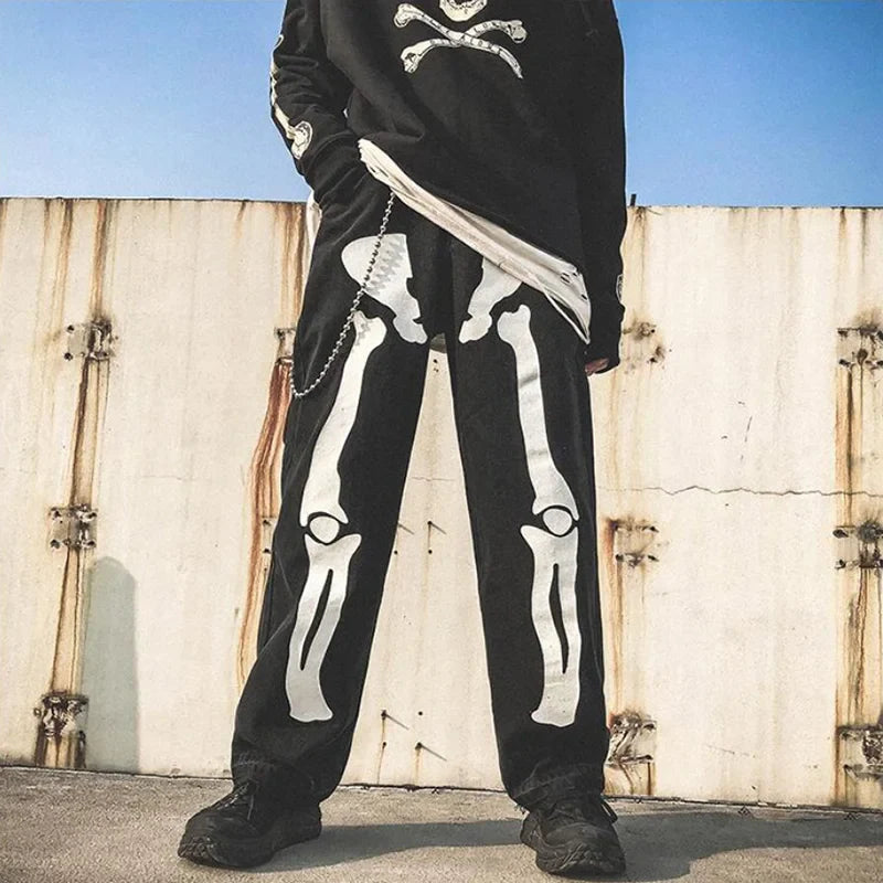 sanyamk Men Jeans Skeleton Oversized Straight jeans Black Pants Denim Mens Streetwear Hip Hop Harem Pants High Wasit Denim Pants