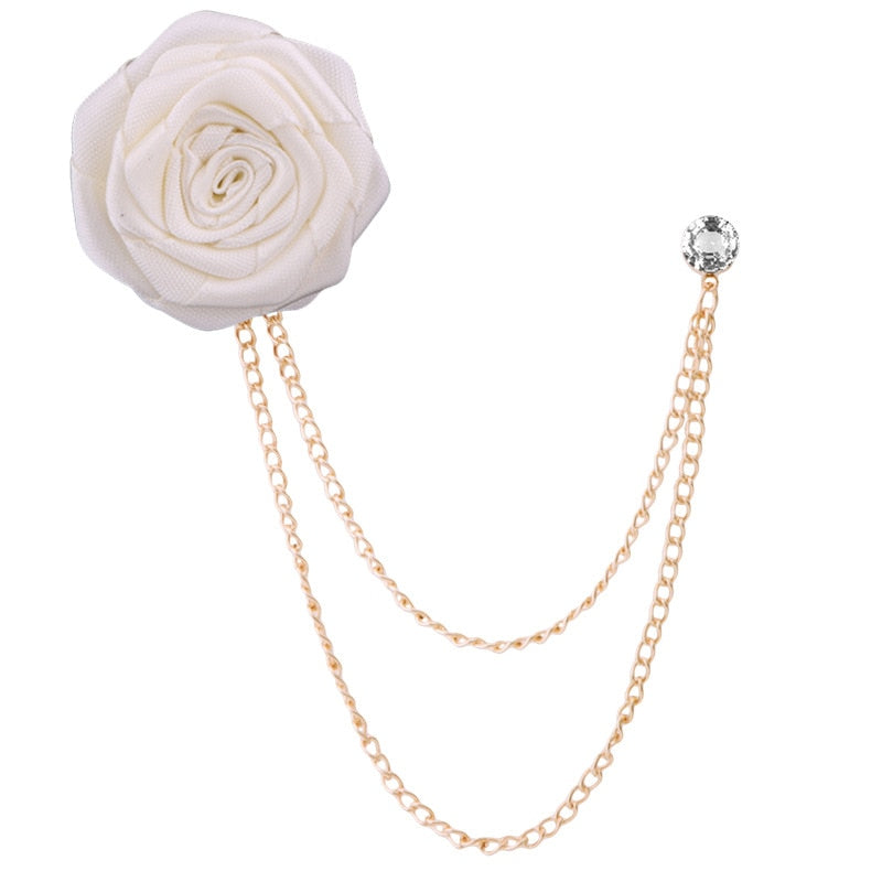 Korean Bridegroom Wedding Brooches Cloth Art Hand-made Rose Flower Brooch Lapel Pin Badge Tassel Chain Men's Suit Accessories