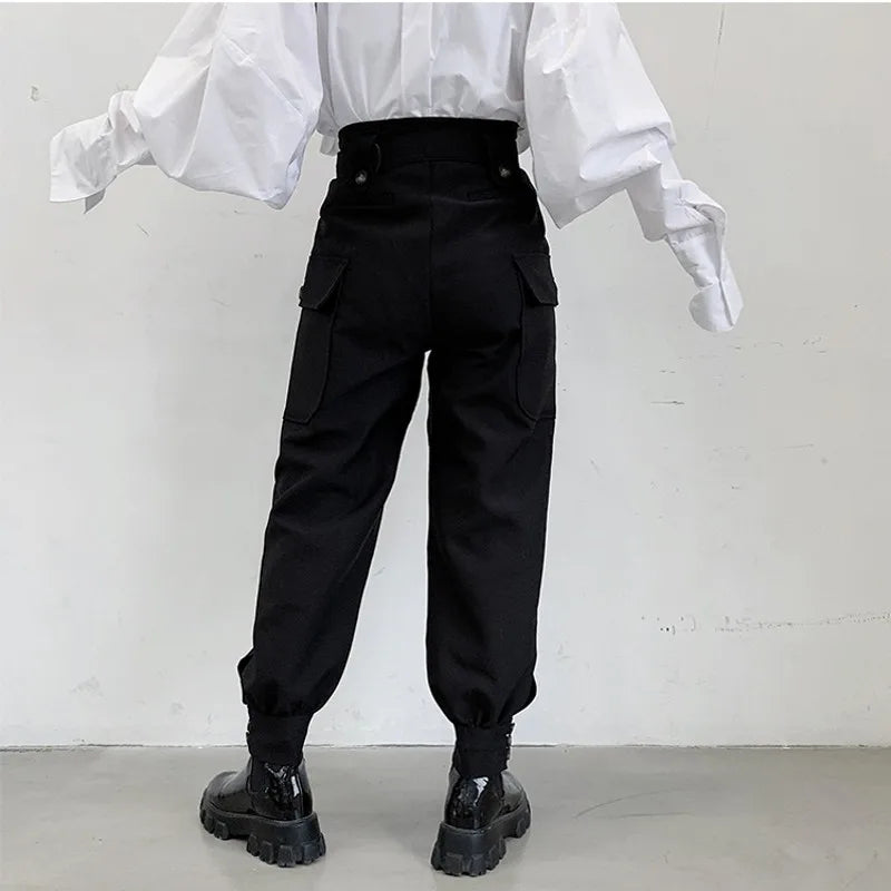 Bonsir Fashion Men Joggers Pant High Waist Wide Leg Belt Tapered Trousers Metal Disc Black Loose Hip Hop Streetwear Oversize Pants Man