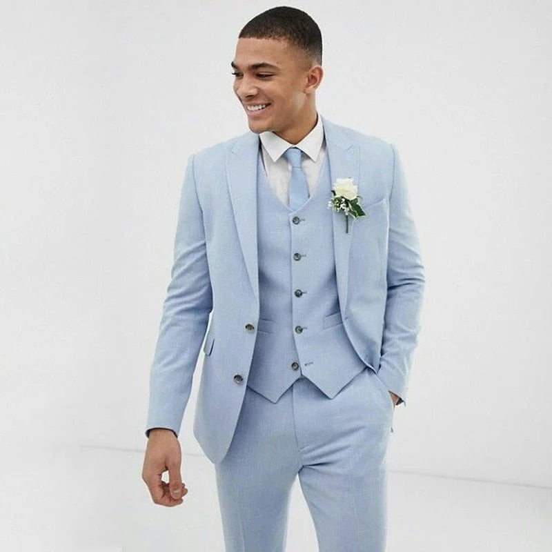 sanyamk Light Blue Wedding Men Suits Slim Fit Groom Wear Tuxedos Coat Dinner Suit 3 Pieces(Jacket+Pants+Vest)