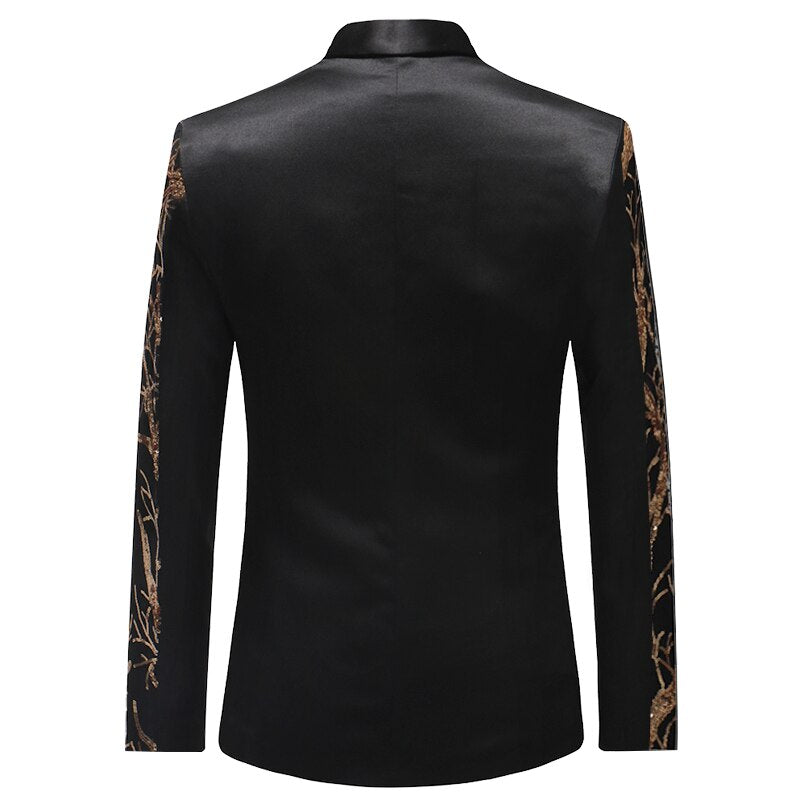 sanyamk Mens Gold Sequins Slim Fit Black Balzer Hip Hop Stage Singers Prom Dress Suit Jacket Party Jacket Men