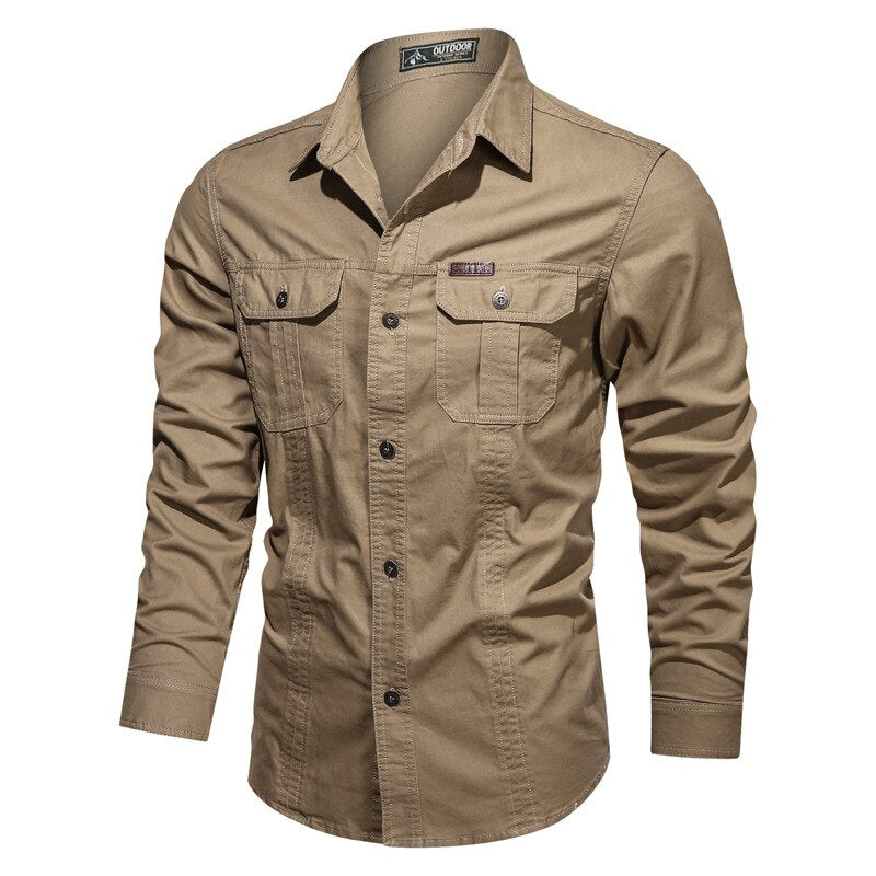 sanyamk Autumn Men Washing Shirts Military Style Casual Cargo Cotton Chic Pocket Tracksuit Simple Solid Color Long Sleeve Clothing