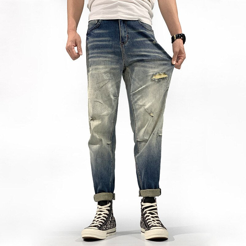 sanyamk 740 Fall New Men Jeans Vintage Denim Trendy Hole Korean Style Slim Hip Hop Streetwear Personality Distressed Male Pants Brand