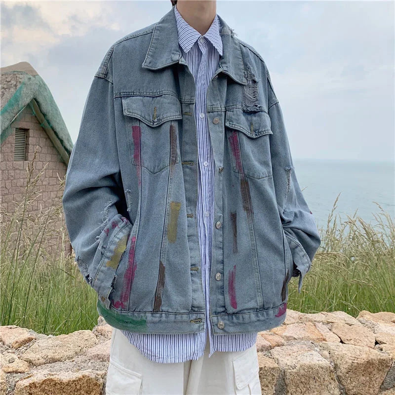 sanyamk Pierced denim jacket men's Korean version chaopai high street splash couple's coat spring and autumn loose fashion versatile top
