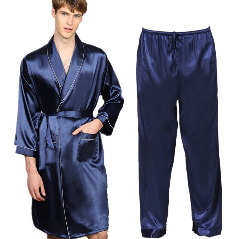 sanyamk 3 PCS Robe Pants Pajama Set 4XL 3XL Men Bathrobe Shorts Suit Silk Sleepwear for Men Kimono Home Soft Cozy Long-sleeved Bath Gown