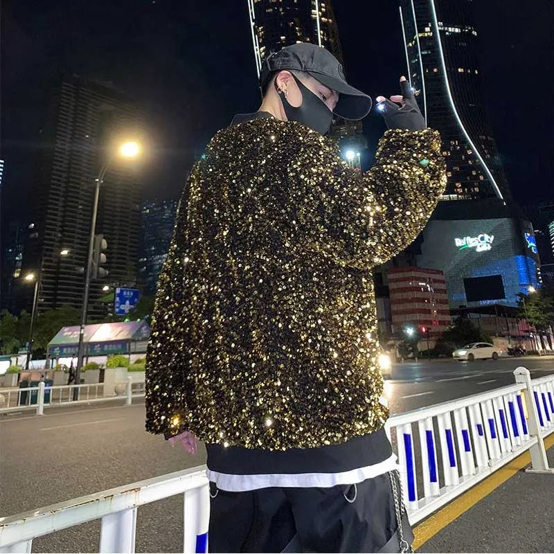 sanyamk - Twinkling Colors Sequins Men's Hoodies Sweatshirts Reflective Hip-Hop Pullovers Singer Stage Streetwear Christmas Party Tops