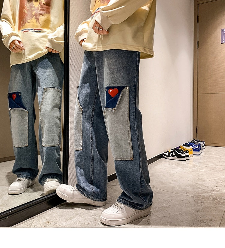 sanyamk Men Jeans Hip Hop Patchwork Oversized Straight Jean Pants Mens Red Heart Print jeans Top Quality Streetwear Denim Pants