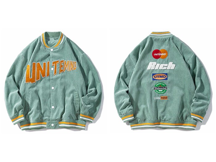 Bonsir Streetwear Corduroy Baseball Jacket Coat Uniform Men Letter Embroidery Loose Bomber Jacket College Hip Hop Outwear Tops