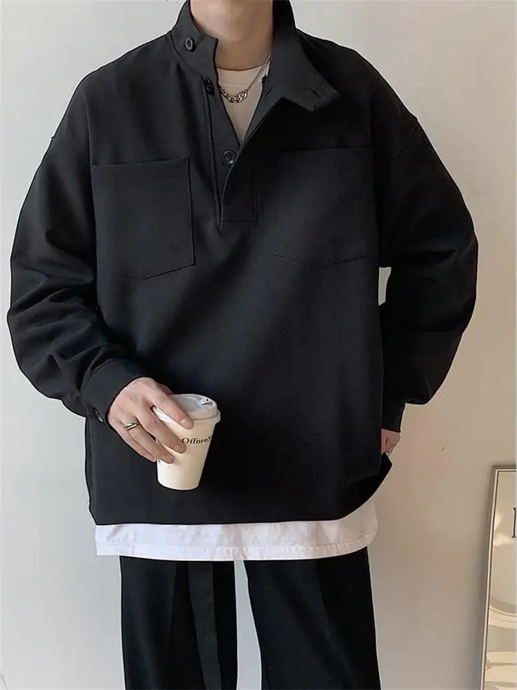 BONSIR - Small high neck Pullover Sweater men's autumn new pocket decoration Korean trendy men's loose coat youth top