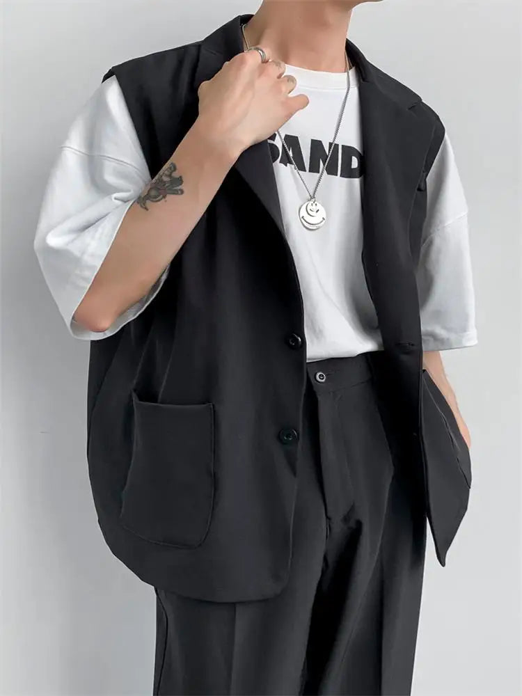 sanyamk - Korean fashion versatile men's loose suit collar vest hairdresser clothing BF style youth casual coat trend