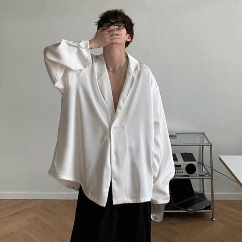 sanyamk Autumn Black White Silk Blazer Men's Fashion Business Society Mens Suit Jacket Korean Loose Casual Dress Jacket Men M-XL