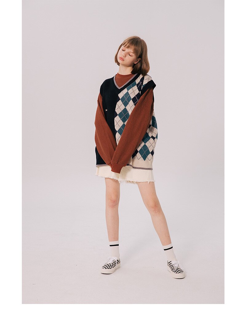 Bonsir Japanese Loose Couple Patchwork Argyle Sweater Vest Men's New Autumn Fashion Harajuku Letter Embroidery Man Pullover Vest