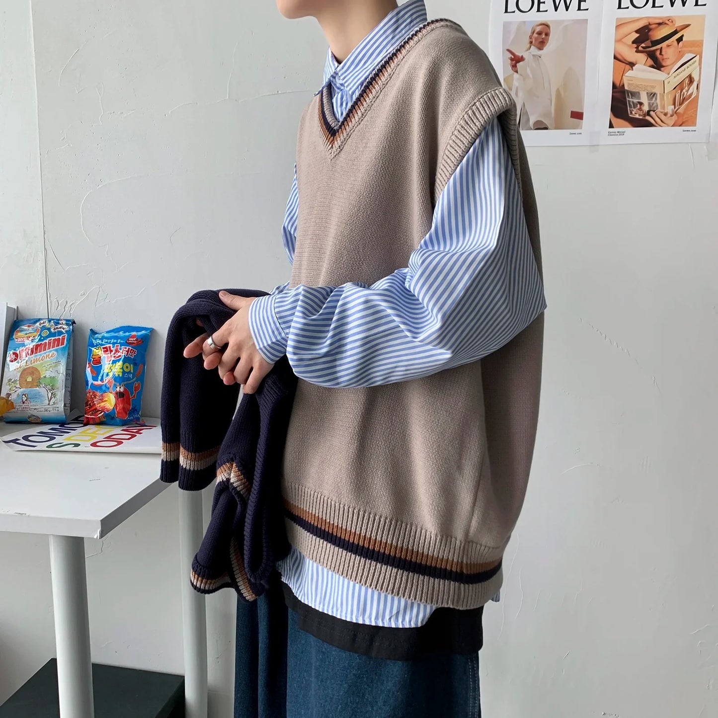 Bonsir - men's autumn and winter Hong Kong style knitted cardigan V-neck sweater vest vest couple JKDK college style uniform