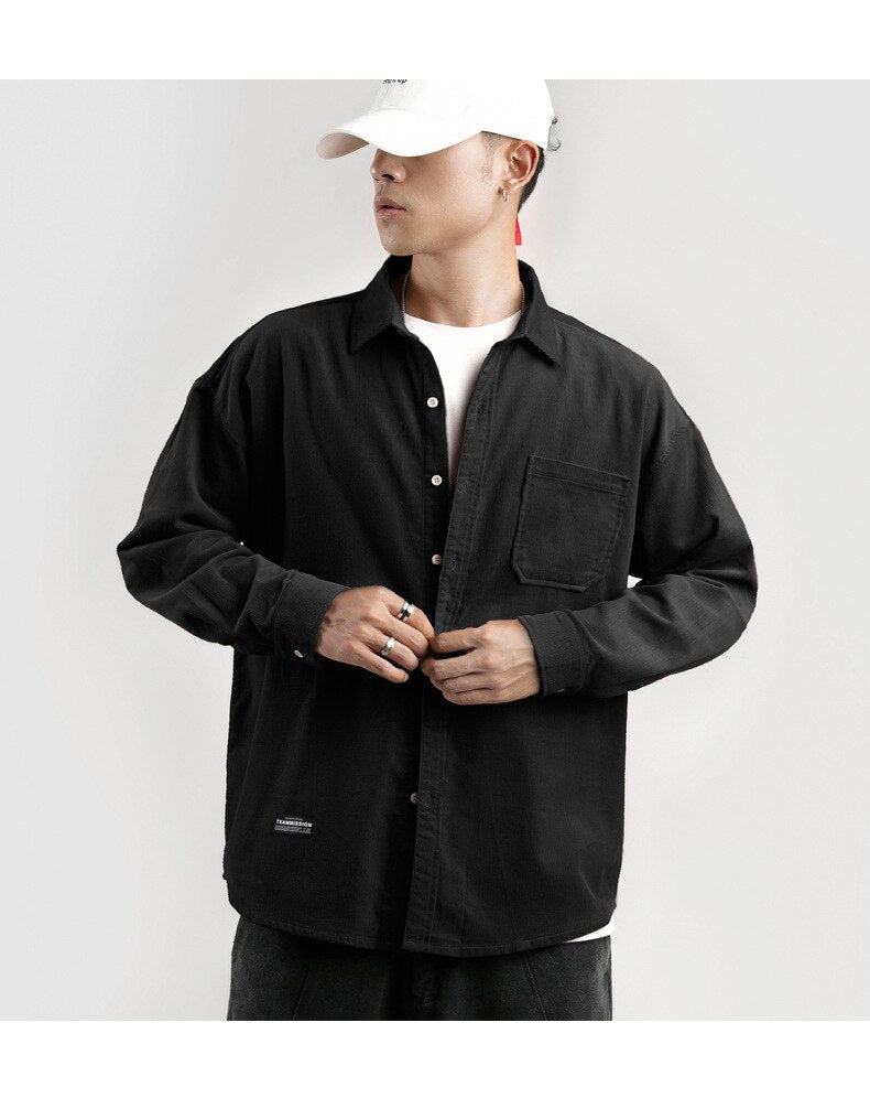 sanyamk Japanese System Male Vintage Flannel Shirt Autumn New Men's Solid Color Loose Long Sleeve Shirt oversized Man Shirt Koszula