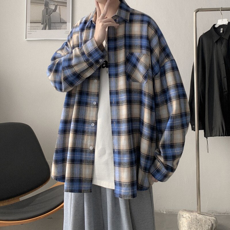 Bonsir Spring And Autumn Plaid Shirt Men's Fashion Retro Casual Shirt Men Streetwear Korean Loose Long-sleeved Shirts Mens M-XL