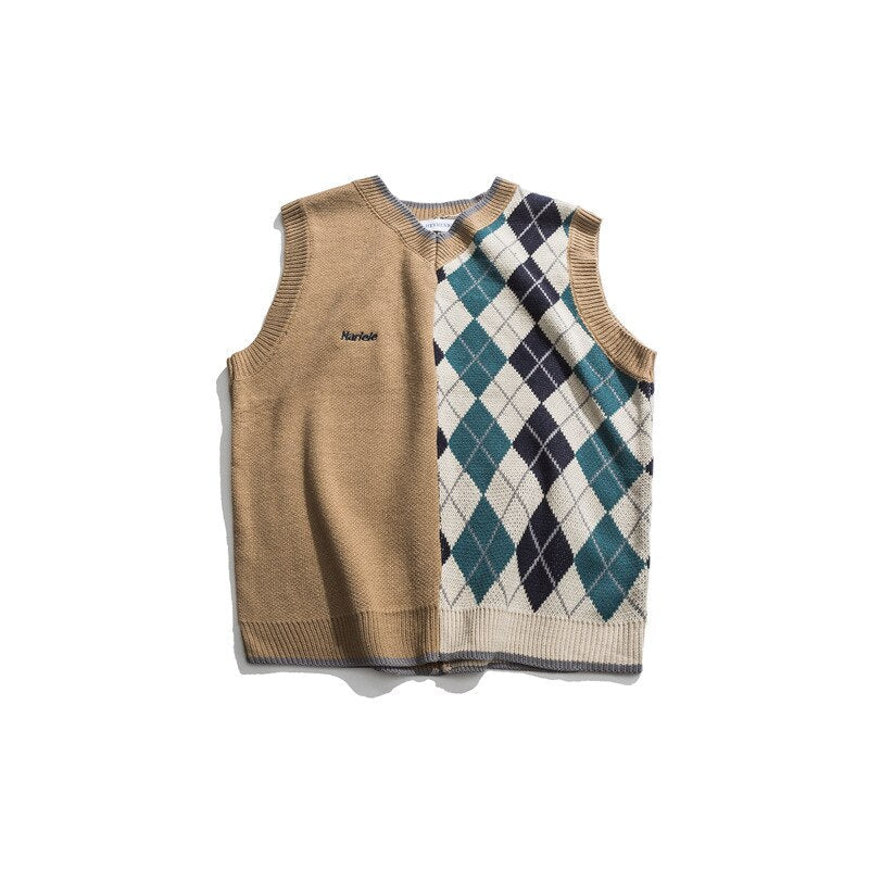 Bonsir Japanese Loose Couple Patchwork Argyle Sweater Vest Men's New Autumn Fashion Harajuku Letter Embroidery Man Pullover Vest