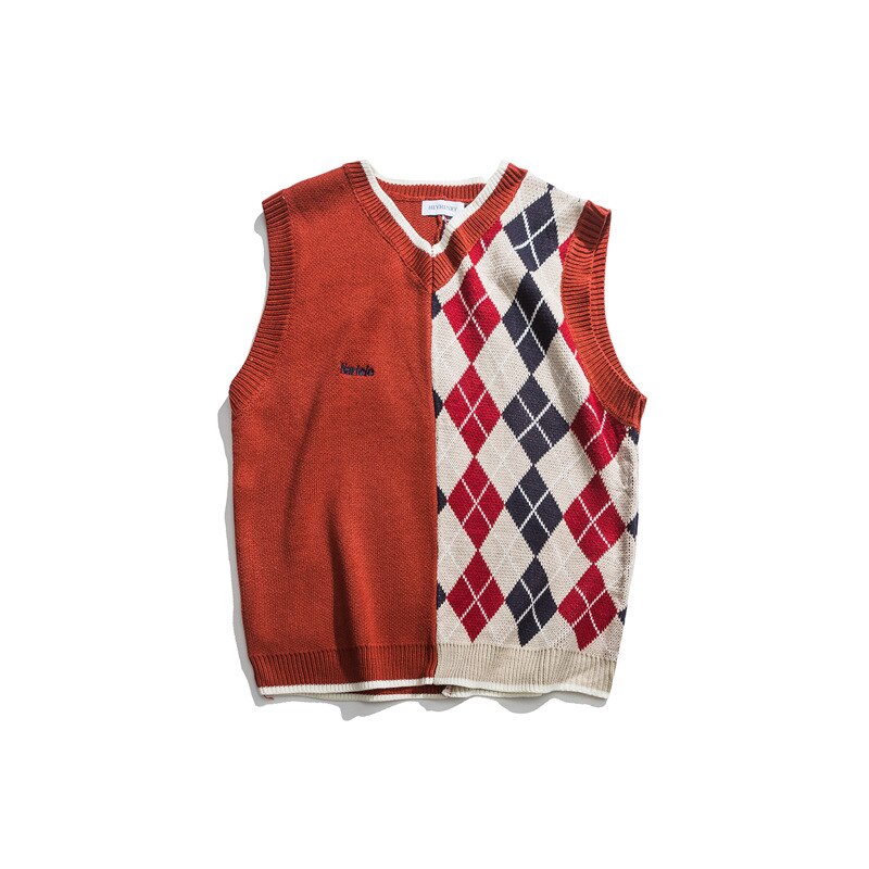 Bonsir Japanese Loose Couple Patchwork Argyle Sweater Vest Men's New Autumn Fashion Harajuku Letter Embroidery Man Pullover Vest