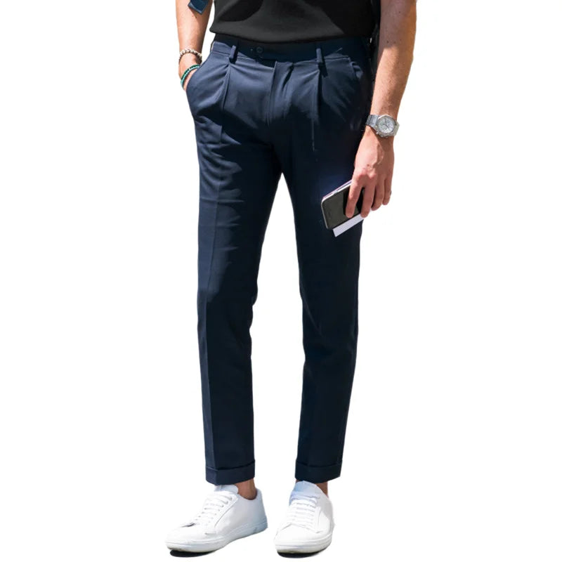 sanyamk - Men's casual pants 2021 spring and summer new Euro American Street Photo same single pleated hem pants slim