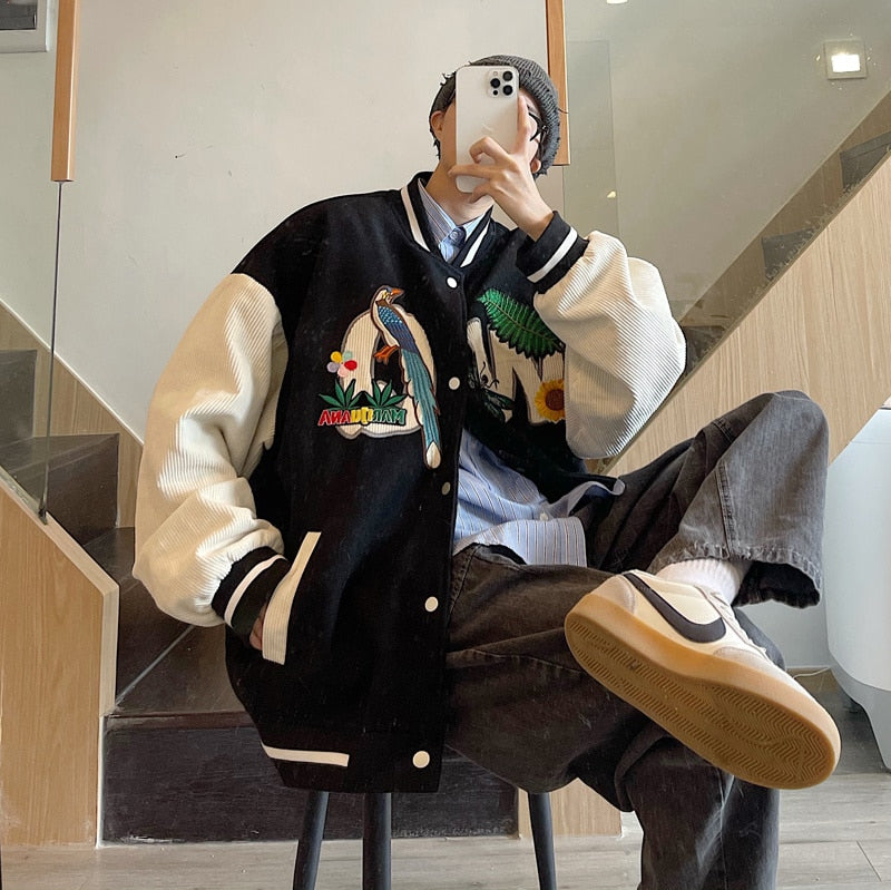sanyamk Rocking k spring and autumn baseball suit men's and women's fashion brand loose embroidery corduroy splicing jacket streetwear