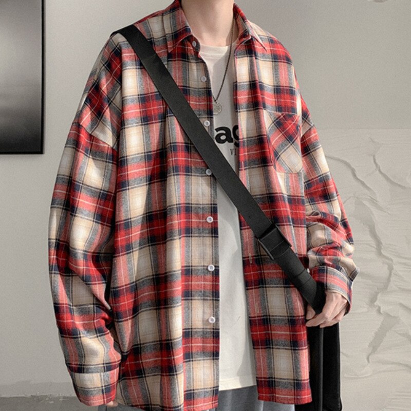 Bonsir Spring And Autumn Plaid Shirt Men's Fashion Retro Casual Shirt Men Streetwear Korean Loose Long-sleeved Shirts Mens M-XL