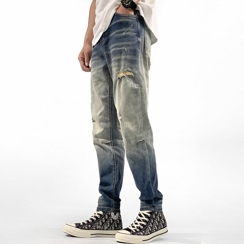 sanyamk 740 Fall New Men Jeans Vintage Denim Trendy Hole Korean Style Slim Hip Hop Streetwear Personality Distressed Male Pants Brand