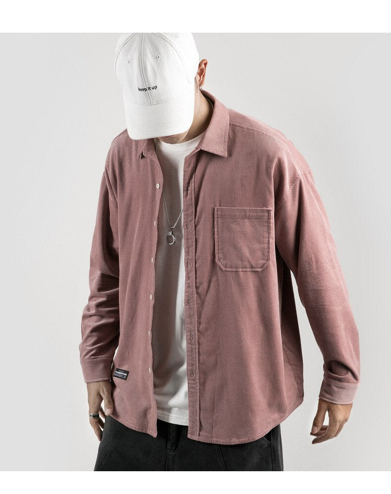 sanyamk Japanese System Male Vintage Flannel Shirt Autumn New Men's Solid Color Loose Long Sleeve Shirt oversized Man Shirt Koszula