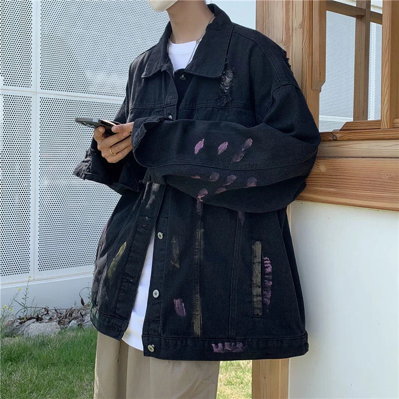 sanyamk Pierced denim jacket men's Korean version chaopai high street splash couple's coat spring and autumn loose fashion versatile top