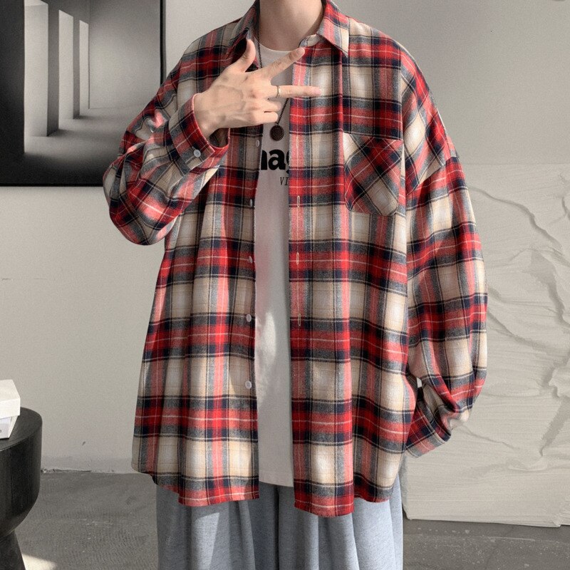 Bonsir Spring And Autumn Plaid Shirt Men's Fashion Retro Casual Shirt Men Streetwear Korean Loose Long-sleeved Shirts Mens M-XL