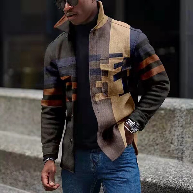 sanyamk New Casual Oversized Loose Coat Men Jacket Autumn Stripe Splicing Jacket Buttons Pocket Long Sleeve Cardigan Male Outerwear