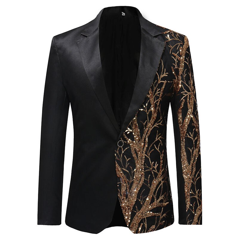 sanyamk Mens Gold Sequins Slim Fit Black Balzer Hip Hop Stage Singers Prom Dress Suit Jacket Party Jacket Men