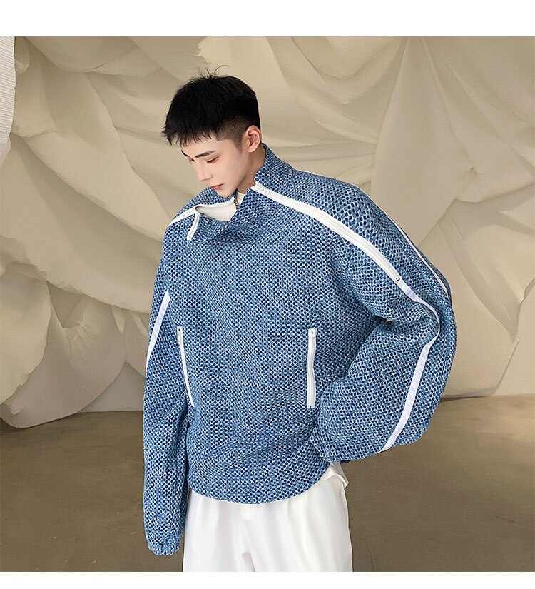 sanyamk Men Denim Stand Collar Double Zipper Loose Pullover Sweatshirt Jacket Man Trend Fashion Streetwear Oversize Sweatshirts Coat Top