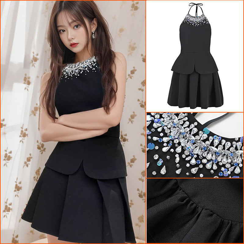 Design sense niche handmade sequined neck dress pure desire style Spice girl pleated princess dress women L4003