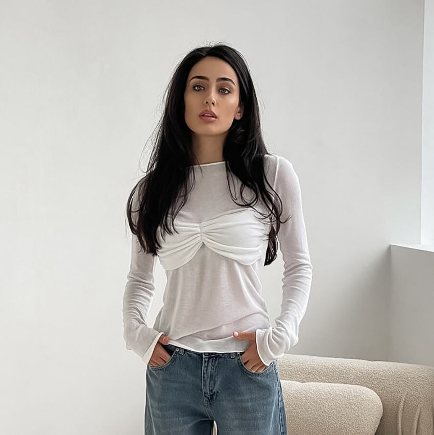 2025 Autumn and winter casual temperament sense slightly transparent sexy slim-fitting knitted round neck long-sleeved commuting T-shirt versatile top white