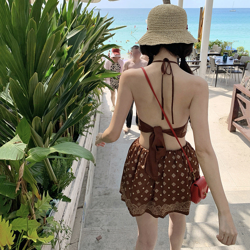 2025 Spice girl sexy wind suspender top female slim slim slim high waist skirt short seaside vacation two-piece suit summer