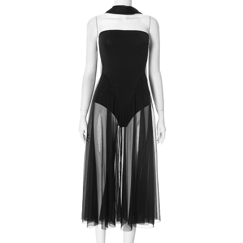 2025 F24DS384 2025 women's clothing 2025 spring new sleeveless slim-fitting splicing perspective dress wholesale