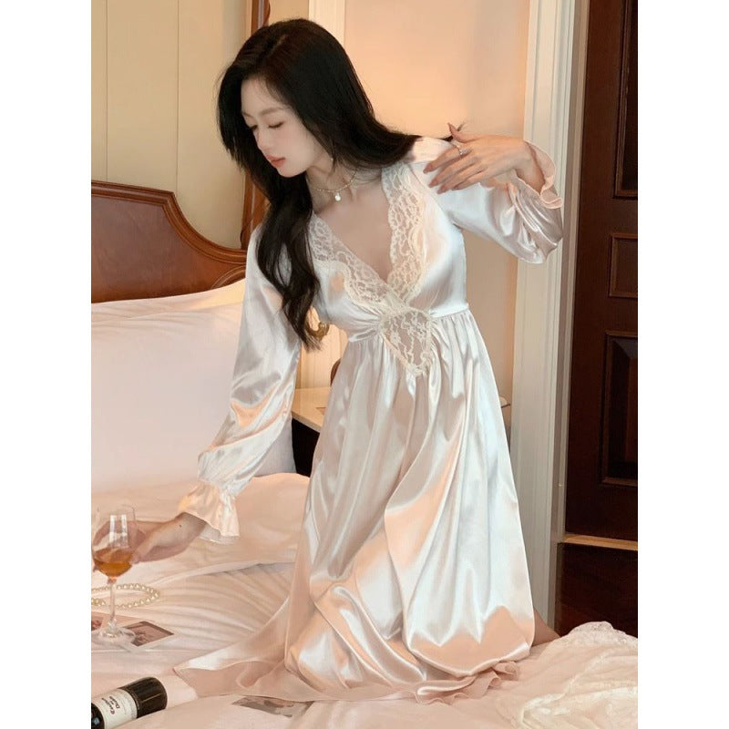2025 court girls long-sleeved sexy nightgown women's pure desire long summer lace high-end pajamas women's autumn