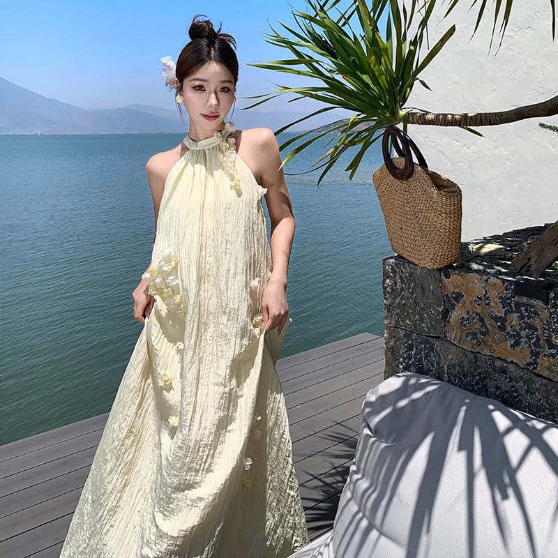 2025 retro three-dimensional petal vacation dress women's high-end pink flower niche neck off-the-shoulder long dress summer