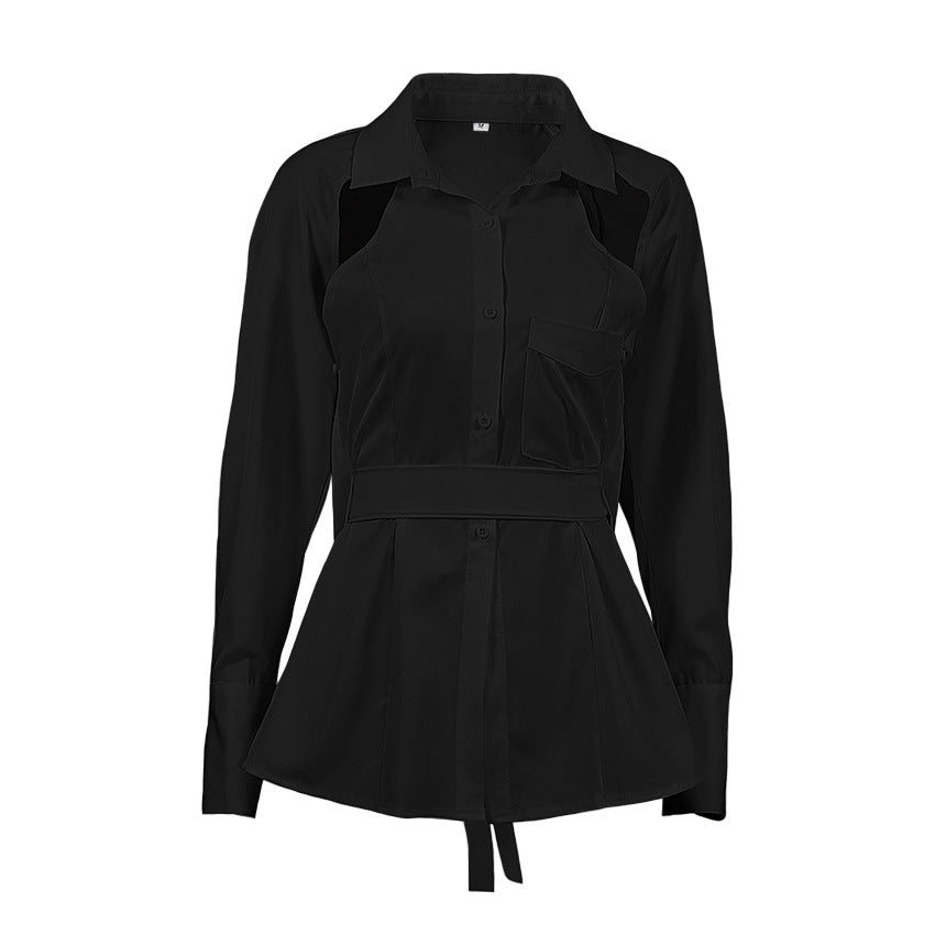 2025 Design sense long-sleeved white shirt women's autumn and winter new waist backless hollow strap shirt top