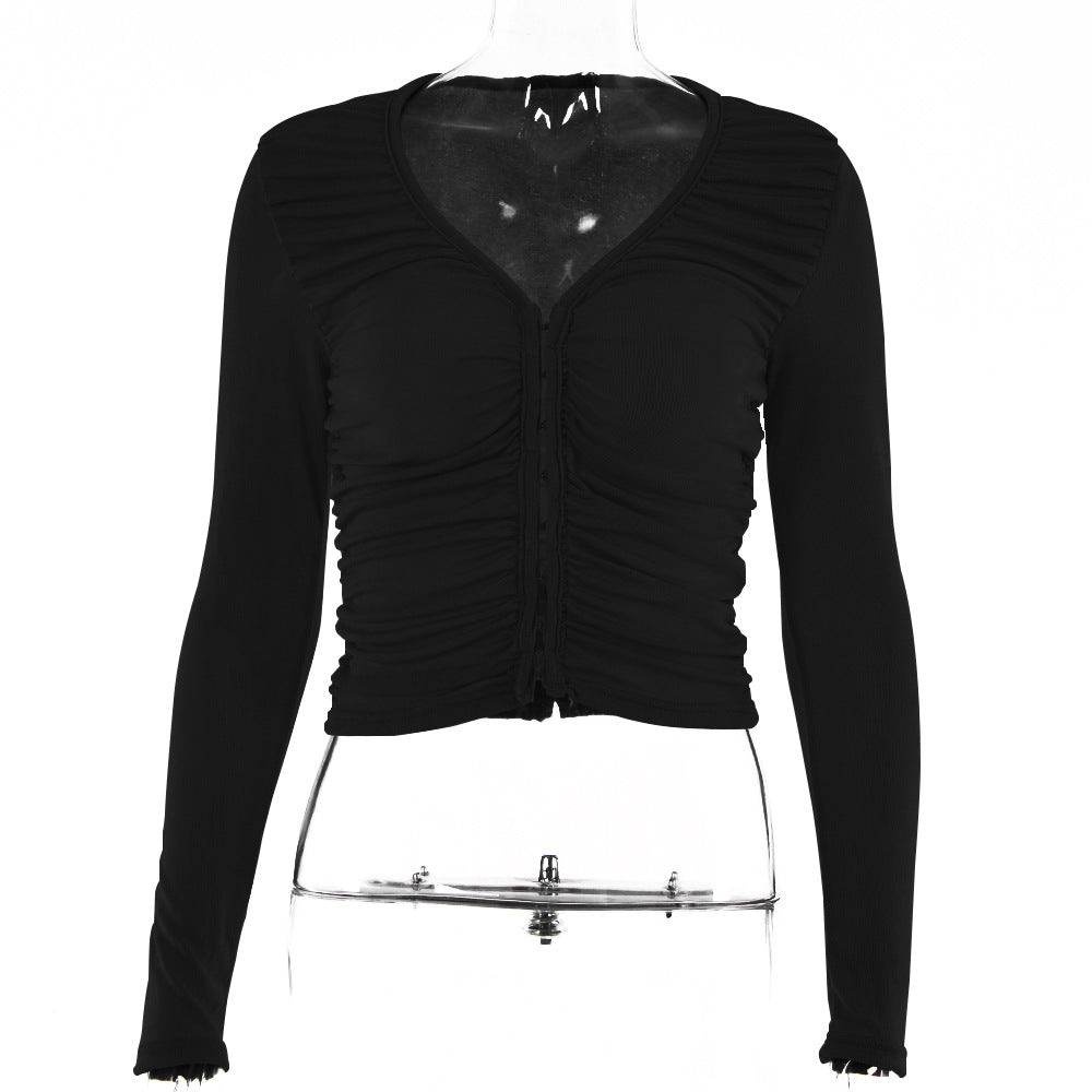 2025 New hot-selling summer new tops women's fashion sexy Spice Girls V-neck T-shirt long-sleeved single-row hidden button small top