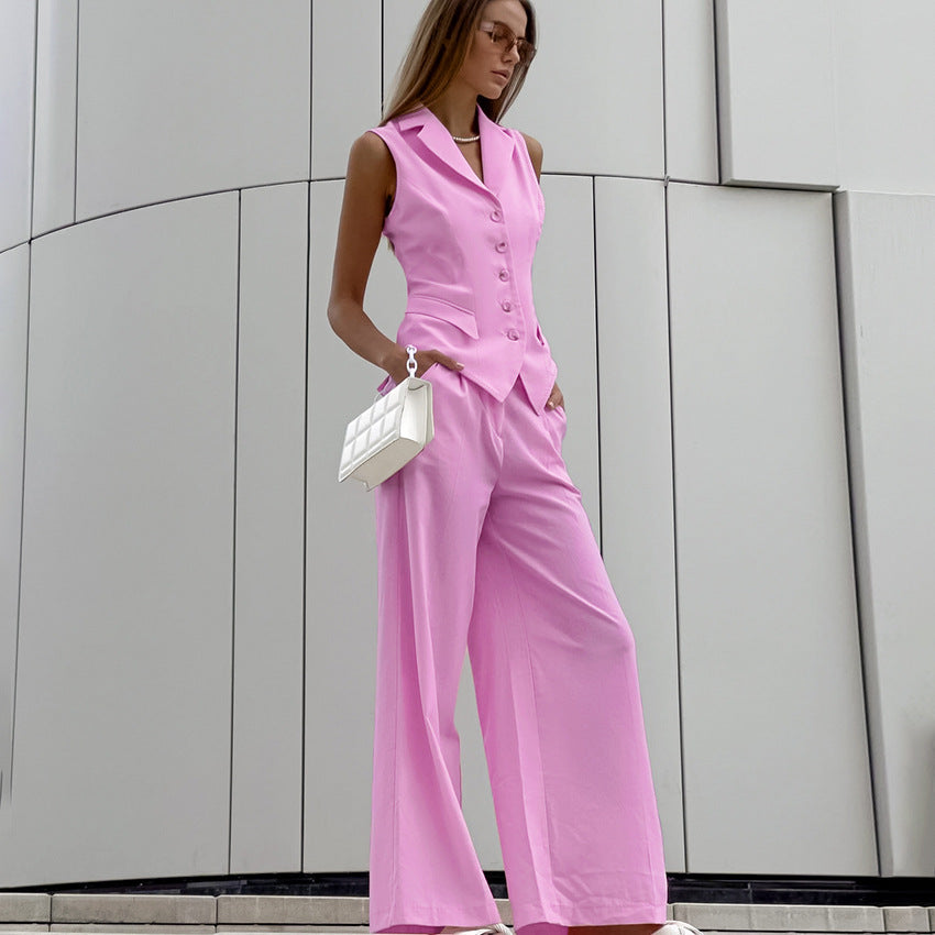 2025 spring and summer sleeveless slim-fitting vest trousers fashion casual temperament suit cotton and linen pink commuter women's clothing