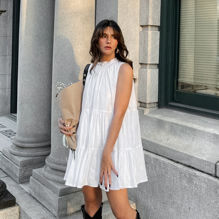 2025 Spring and summer versatile white temperament dress round neck sexy bow lace elegant loose short skirt women's clothing