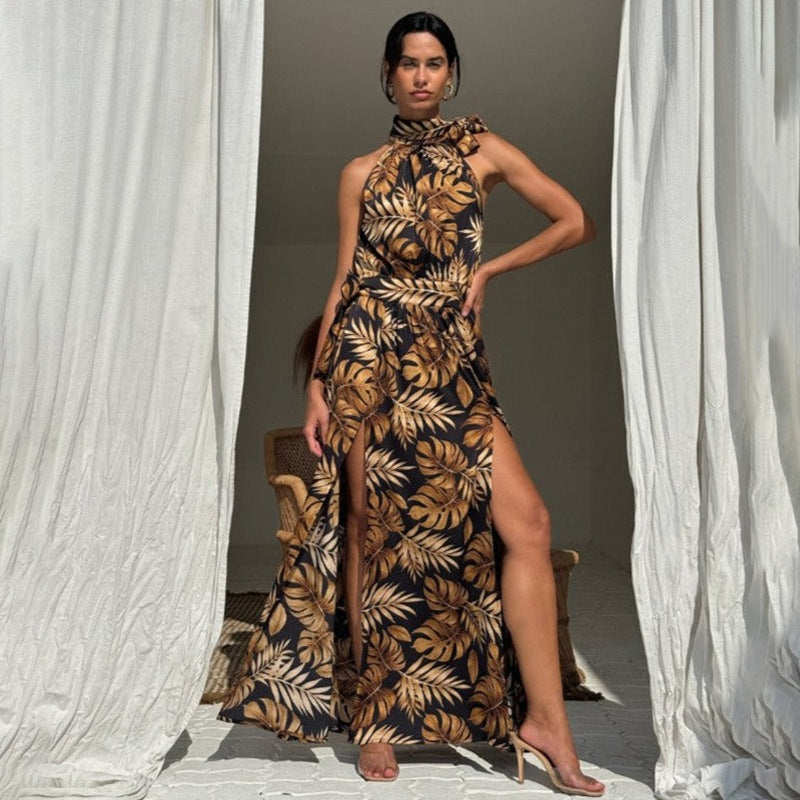 2025 Y24DS688 Cross-border 2025 style 2025 spring women's clothing fashion printing sexy high split long dress wholesale