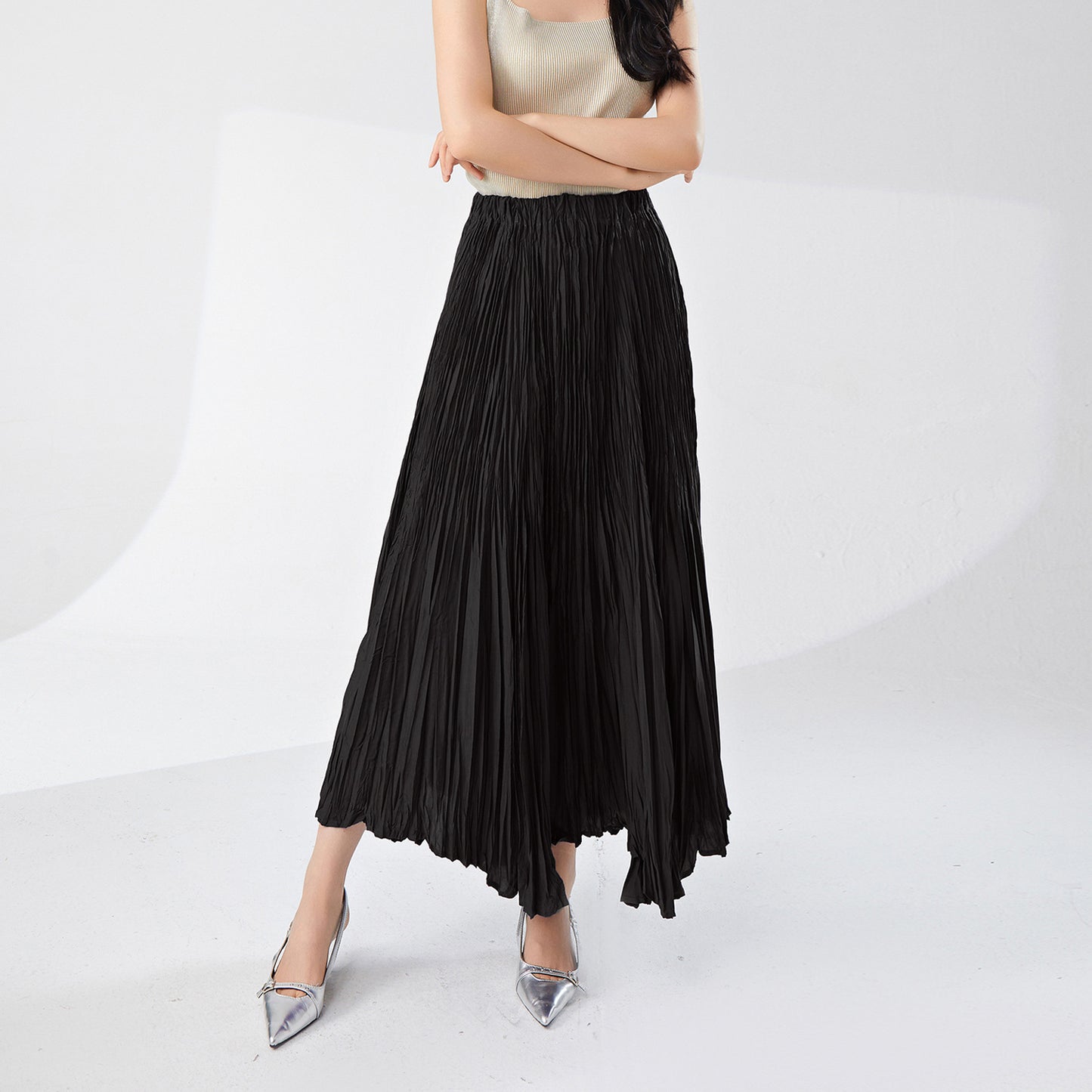 skirt a word female drape spring and summer new elastic waist loose meat cover thin fashion versatile pleated skirt