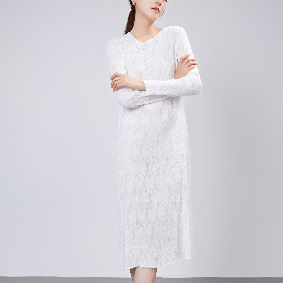 White dress autumn women's high-end fringed pleated medium and long bottom skirt chic design knitted skirt