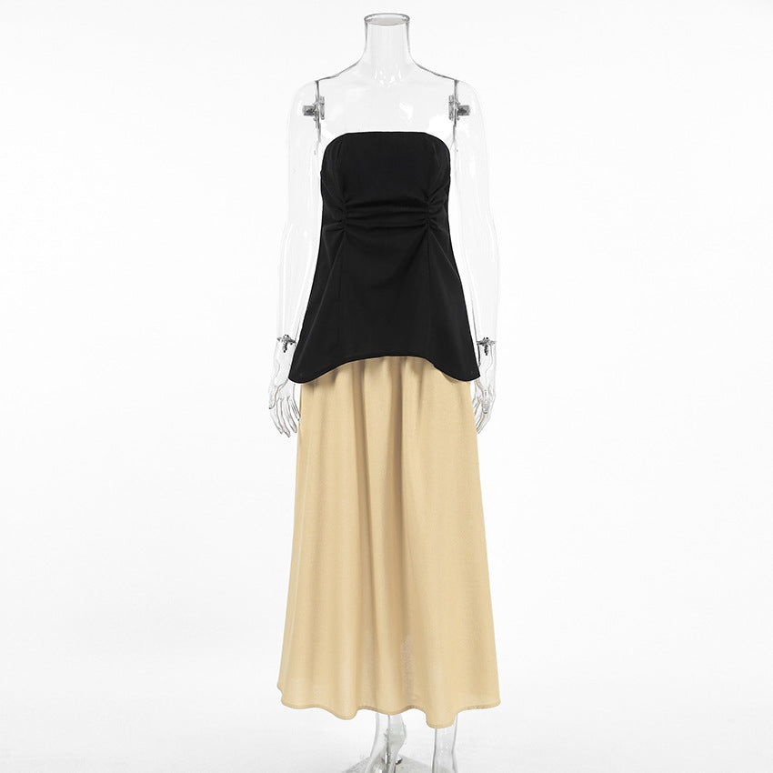 2025 spring and summer new products contrasting colors popular sleeveless cotton and linen sexy tube top slim and thin mid-waist pleated two-piece set for women