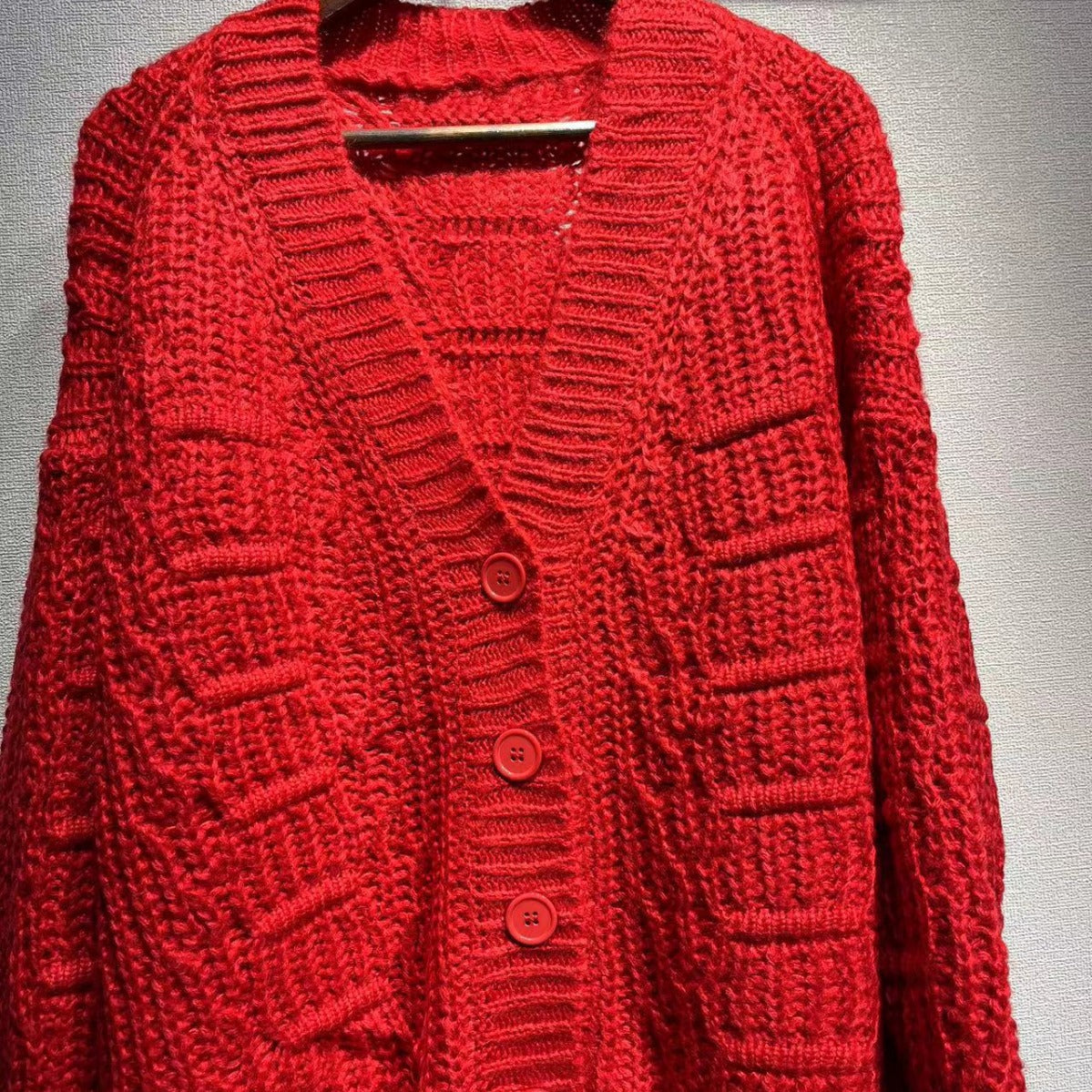 2025 Red sweater women's winter 24 New Year's sweater red V-neck loose lazy wind wool knitted cardigan jacket women