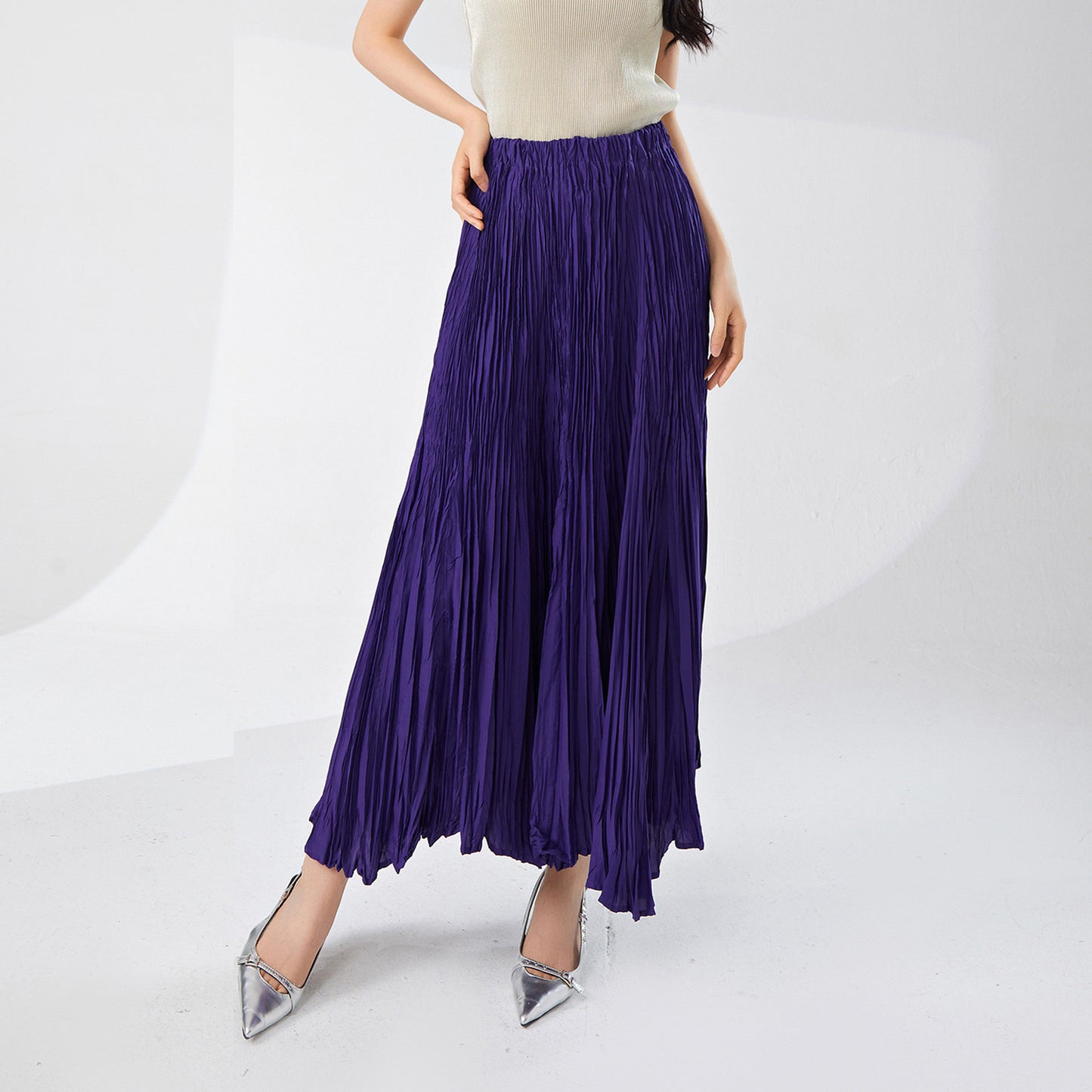 skirt a word female drape spring and summer new elastic waist loose meat cover thin fashion versatile pleated skirt
